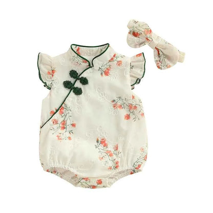 Toddler Girls Traditional Chinese Dress Set with Embroidered Floral Romper Matching Headband and Stylish Summer Outfit for a