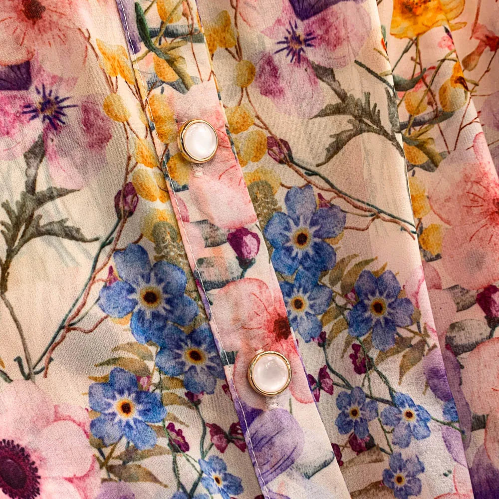 Faionable Print Long Dr Women's Spring Belted Waist Pleated Lantern Sve Turn-down Collar Dr Korean Sle Commute