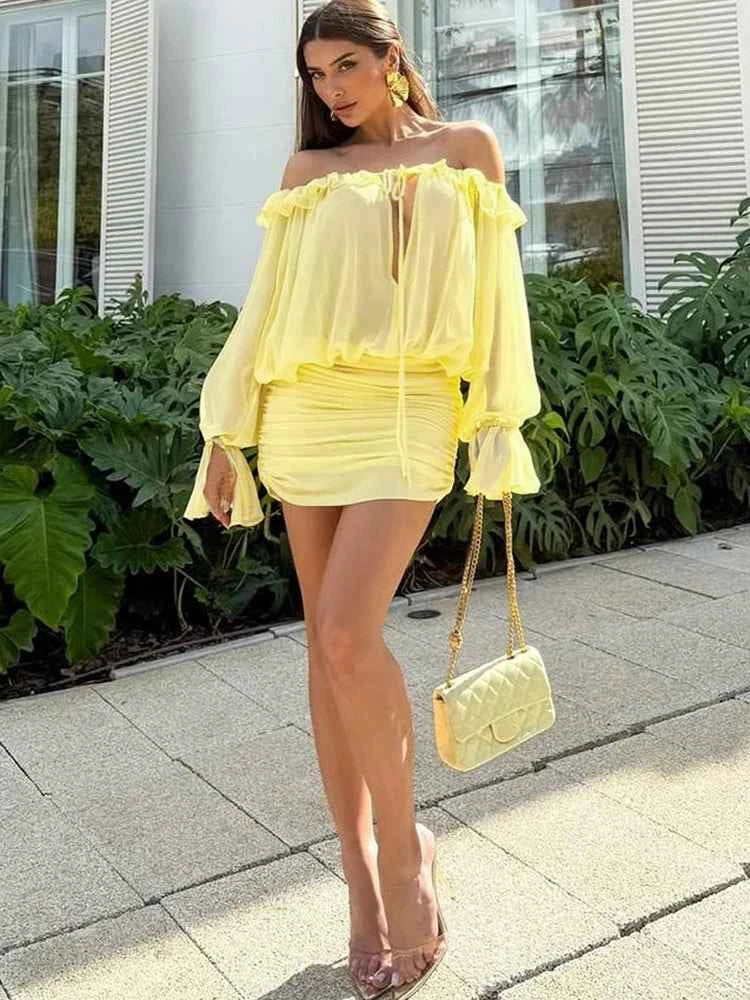 Sisterlinda Ruched Elegant Dress Women Sexy Hollow Ruffles Shirring Slash Neck Backless Puff Sleeve Street Fashion Mini Bodycon