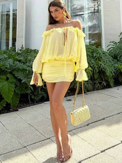 Sisterlinda Ruched Elegant Dress Women Sexy Hollow Ruffles Shirring Slash Neck Backless Puff Sleeve Street Fashion Mini Bodycon