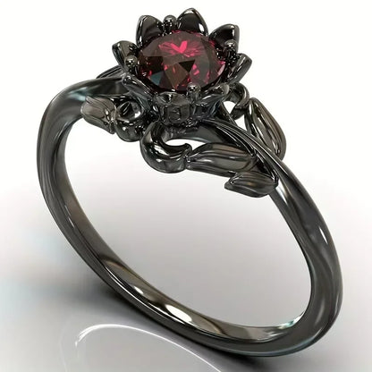 Black Color Flower Red Stone Rings for Women Charm Jewelry Accessories Rose Ring Party Gift