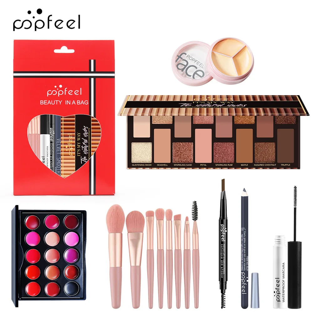 POPFEEL All-in-One Makeup Kit Gift Set with Eyeshadow Palette Foundation Lip Gloss Blush Brushes Eyeliner and More Beauty Gifts - AMULET RING STORE