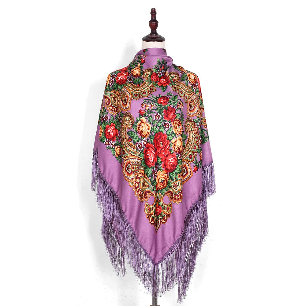 Russian Scarf Head Wrap for Women Luxury Ukrainian Manila Shawls Folk Cotton 160cm National Shawl Floral Print Travel Bandana - AMULET RING STORE