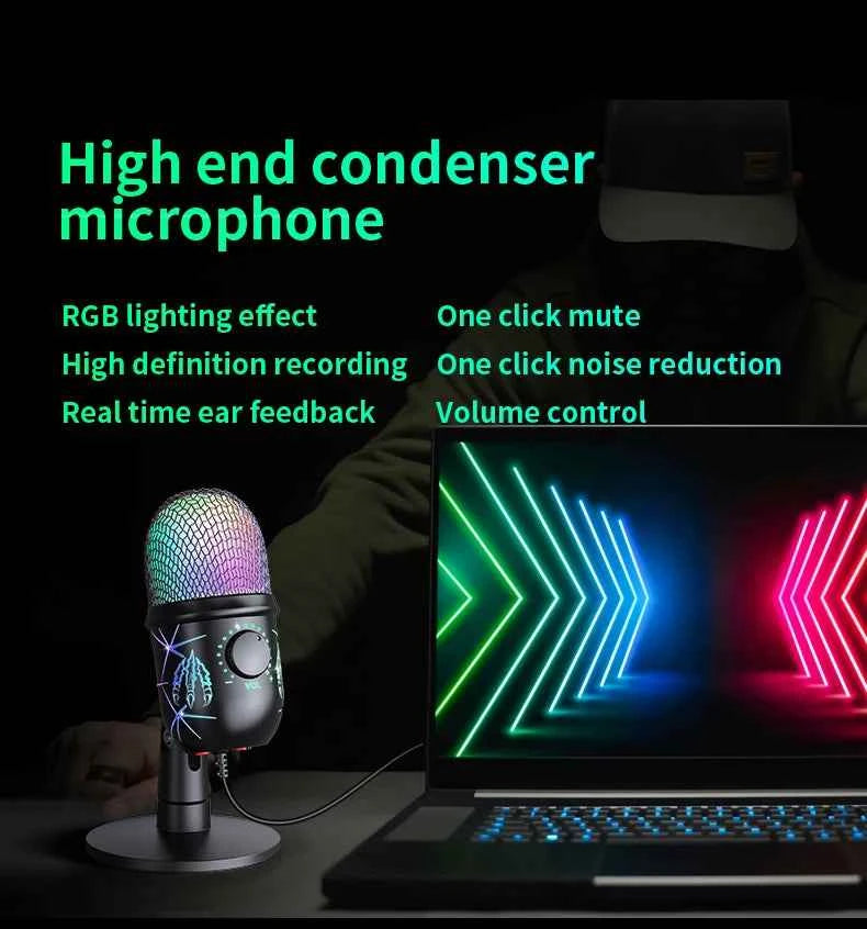 Gaming Microphone USB Microphone for PC Condenser Podcast Mic for Studio Recording with Headphone Jack, Led, Noise Cancellation