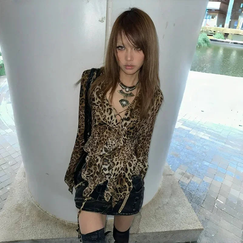 Irregular Shirt Trashy 2000s Vintage Tops Subculture Y2k Leopard Print T-Shirt Harajuku Ruffled Blouses Grunge Aesthetics V-neck - AMULET RING STORE