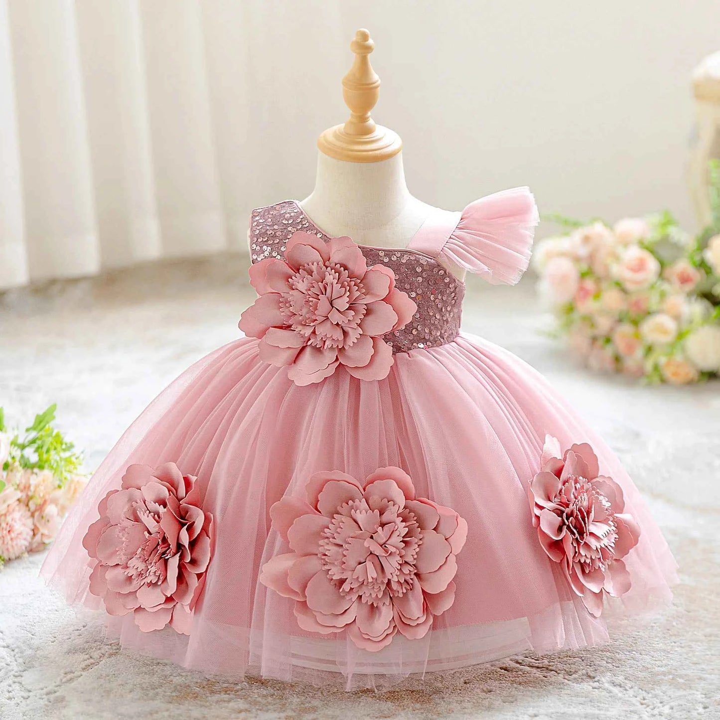 Toddler Flower Bow Party Baby Girl Dress Sequins Wedding Bridesmaids Dress for Girls Elegant 1st Birthday Evening Prom Costumes