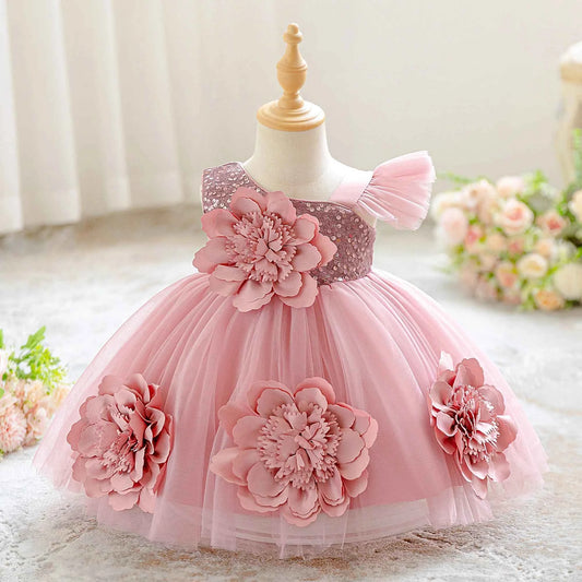 Toddler Flower Bow Party Baby Girl Dress Sequins Wedding Bridesmaids Dress for Girls Elegant 1st Birthday Evening Prom Costumes