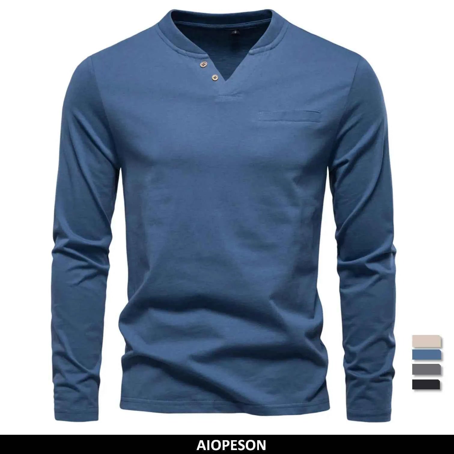 AIOPESON High Quality Men's long sleeve t-shirt Fashion pure cotton henley collar long t shirt man polera manga larga hombre