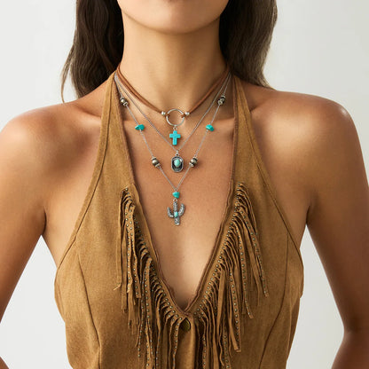 Ethnic Style Women Leaf Choker Woven Rope Leather Tassel Turquoise Stone Necklace Feather Pendant Retro Bohemian Necklace - AMULET RING STORE