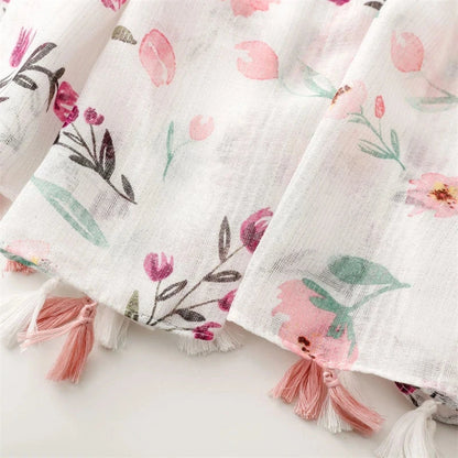 White Pink Flower Women Scarf Shawl Cotton Linen Feeling Tassel Pashmina Muslim Hijab Wrap Lady Viscose Scarf Foulard