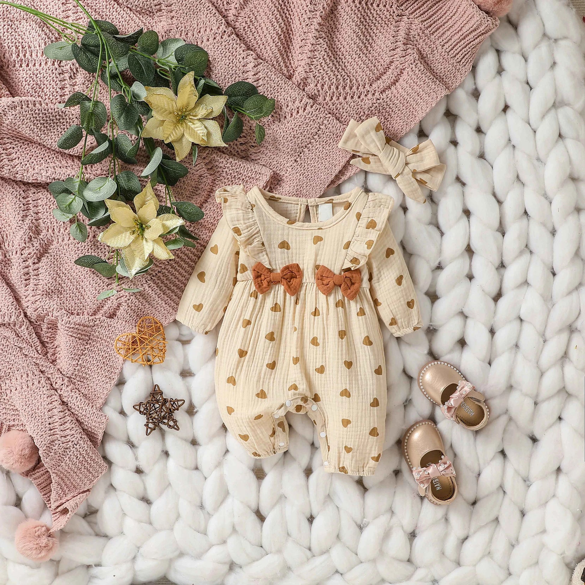 Baby Girls Summer Long Sleeve Printing Love With Bowknot  For Casual Daily Cotton Jumpsuit