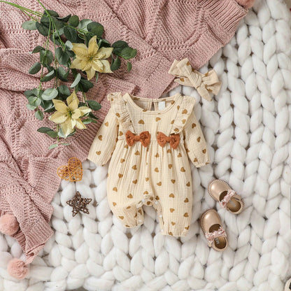Baby Girls Summer Long Sleeve Printing Love With Bowknot  For Casual Daily Cotton Jumpsuit