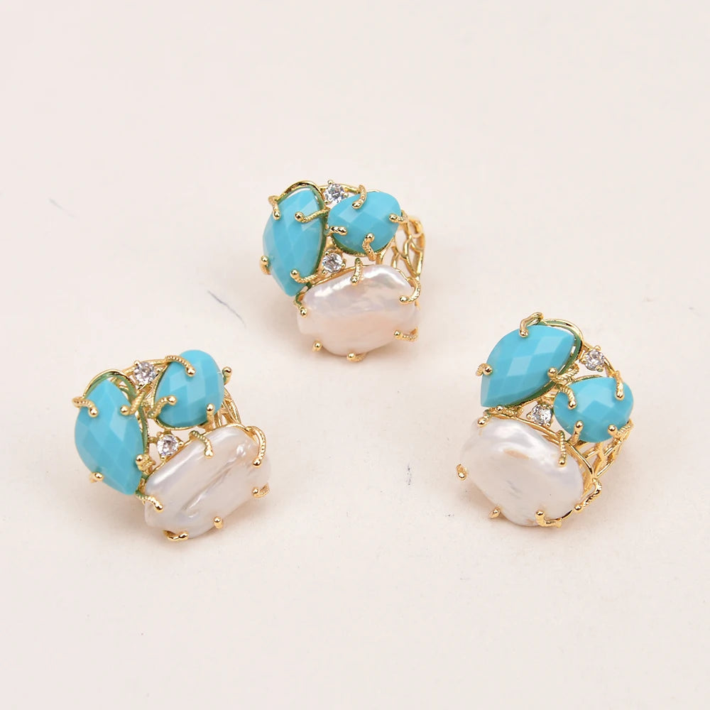 Natural White Pearl Blue Turquoise Stone Rings Adjustable Jewelry Gifts