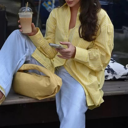 HXAO Women's Striped Shirt Long Sleeve Yellow Shirt Spring Summer Long Button Up Shirts And Blouses Casual Loose Fit Shirt