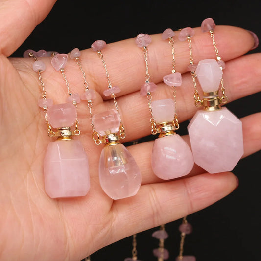 Natural Stone Rose Quartz Perfume Bottle Essential Oil Diffuser Reiki Healing Exquisite Necklace Jewelry Gift - AMULET RING STORE