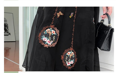 Chinese Style Retro Long Skirt Flowers Embroidered Summer Fairy Skirt Elastic Waist Gauze Skirt Party Lady A-line Skirts