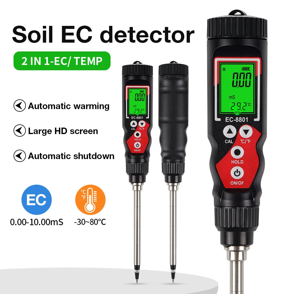 2 In 1 Soil EC Meter Handheld Digital Soil Tester Multifunction EC Temp Detector Backlit Soil EC Analyzer for Garden Greenhouse - AMULET RING STORE