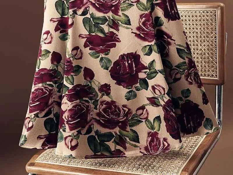 Rose Floral Print Vintage Elegant Chic A-line High Waist Trumpet Women's Skirt Mid-Calf Long Skirts For Women Clothing Fashion