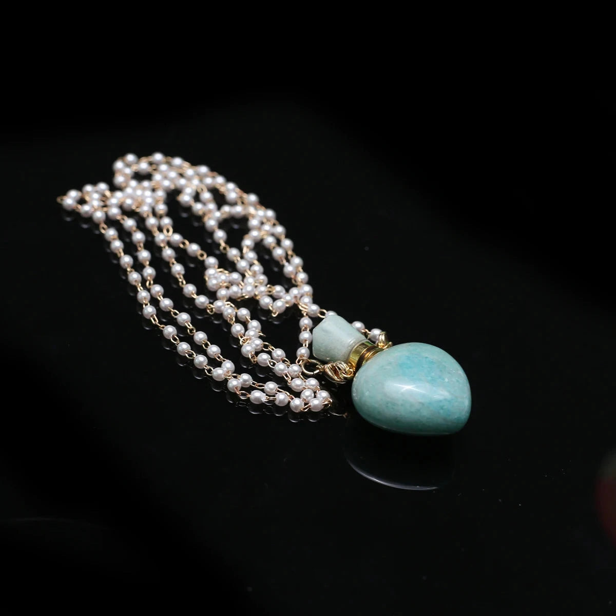 Natural Stone Amazonite Perfume Bottle Pendant Pearl Gravel Chain Essential Oil Diffuser Charms Women Jewerly Necklace 31 Inches - AMULET RING STORE