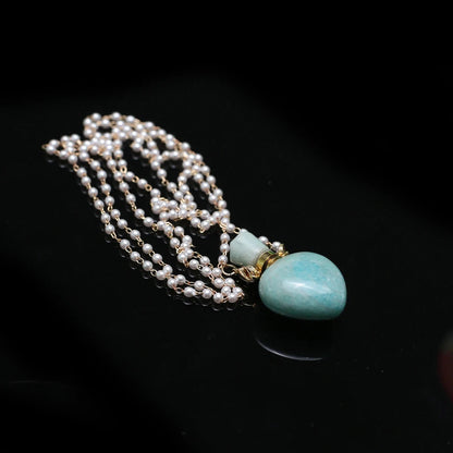 Natural Stone Amazonite Perfume Bottle Pendant Pearl Gravel Chain Essential Oil Diffuser Charms Women Jewerly Necklace 31 Inches - AMULET RING STORE