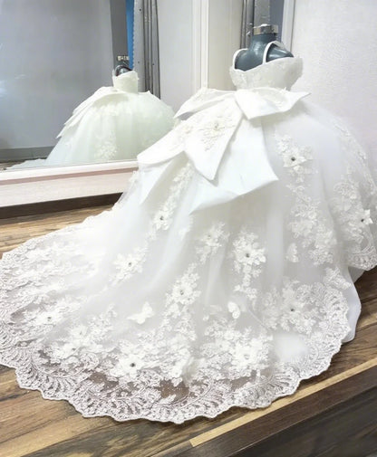 Gorgeous Quality Flower Girl Dress Tulle Fluffy With Exquisite Blue Applique Wedding Dresses Little Girls Birthday Party Gowns