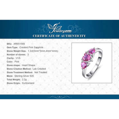 JewelryPalace Love Heart 1.2ct Created Pink Sapphire 925 Sterling Silver 3 Stone Ring for Women Fashion Engagement Wedding Gift