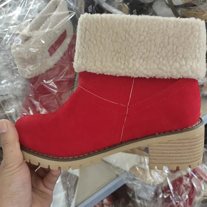 Autumn and Winter Fashion New Casual Comfortable Plus Velvet Warm Square Heel Round Toe Solid Color Women's Ankle Boots - AMULET RING STORE