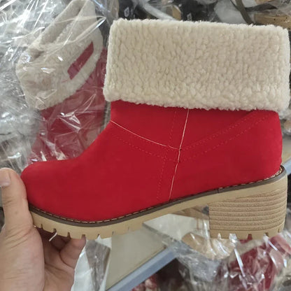 Autumn and Winter Fashion New Casual Comfortable Plus Velvet Warm Square Heel Round Toe Solid Color Women's Ankle Boots - AMULET RING STORE