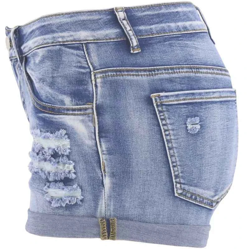 Women's Split Denim Shorts Summer Beach Wild Fashion Sexy Mid Waist Curled Cuff Perforated Elastic Slim Fit Casual Shorts