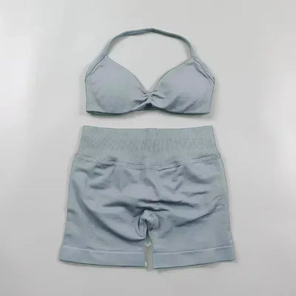 2PCS Yoga Gym Set Women Seamless Strappy Yoga Bra Top High Waist Workout Scrunch Shorts Sports Suit Fitness Clothes Sportswear