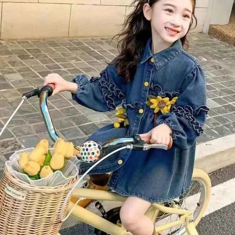 2025 New Arrival Girls' Little Korean Stylish Denim Long Sleeve Dress for 4-12 Years Old Kids Spring/Autumn