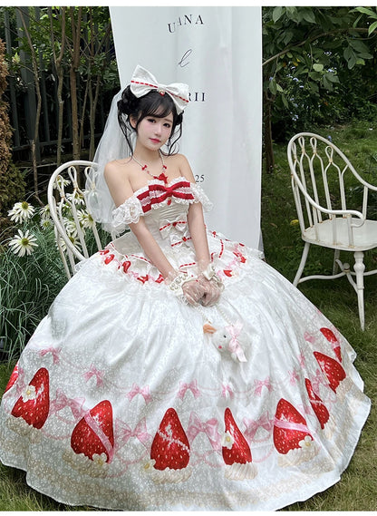 Sweet Princess Style Birthday Anniversary Wedding Dress New Lolita Cute Bow Sexy Strapless Girl Temperament Puffy Lace Dresses
