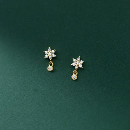 WANTME 925 Sterling Silver Fashion Sweet Flower Shiny Zircon Spiral Bead Stud Earrings for Women Cute Ear Bone Piercing Jewelry - AMULET RING STORE