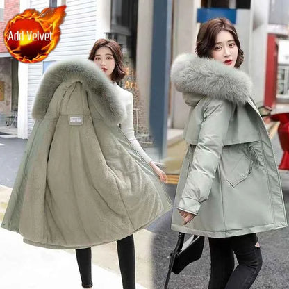 2025 Winter Women's Parka Cotton Padded Coat Korean Style Mid Length Waist Cinching Thickened for Cold Suitable for Short Girls