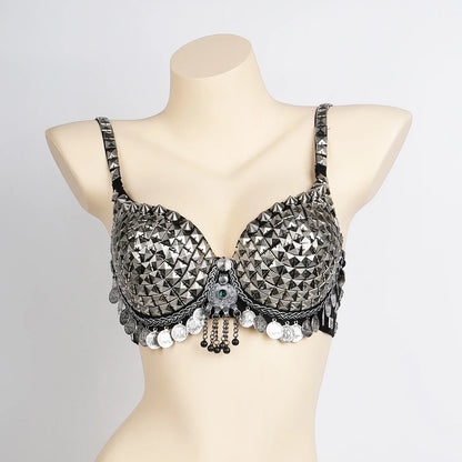 Vintage Gypsy Bra Tribal Belly Dance Push Up Bra Wooden Beads Top with Swags and Turquoise Medallion