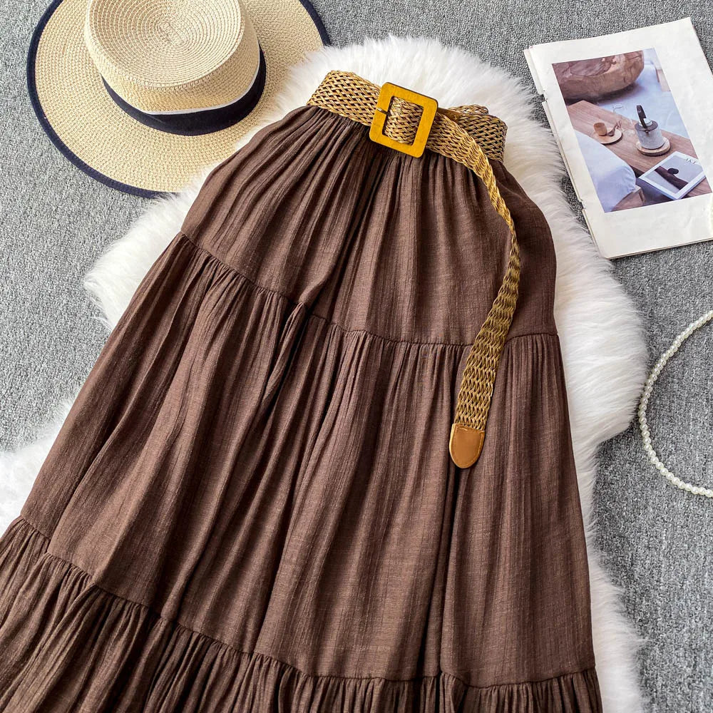 White High Waist A-Line Midi Skirt Women's Summer Casual Flared Cake Skirt Korean Sle Baking Poer Skirt for Young Women