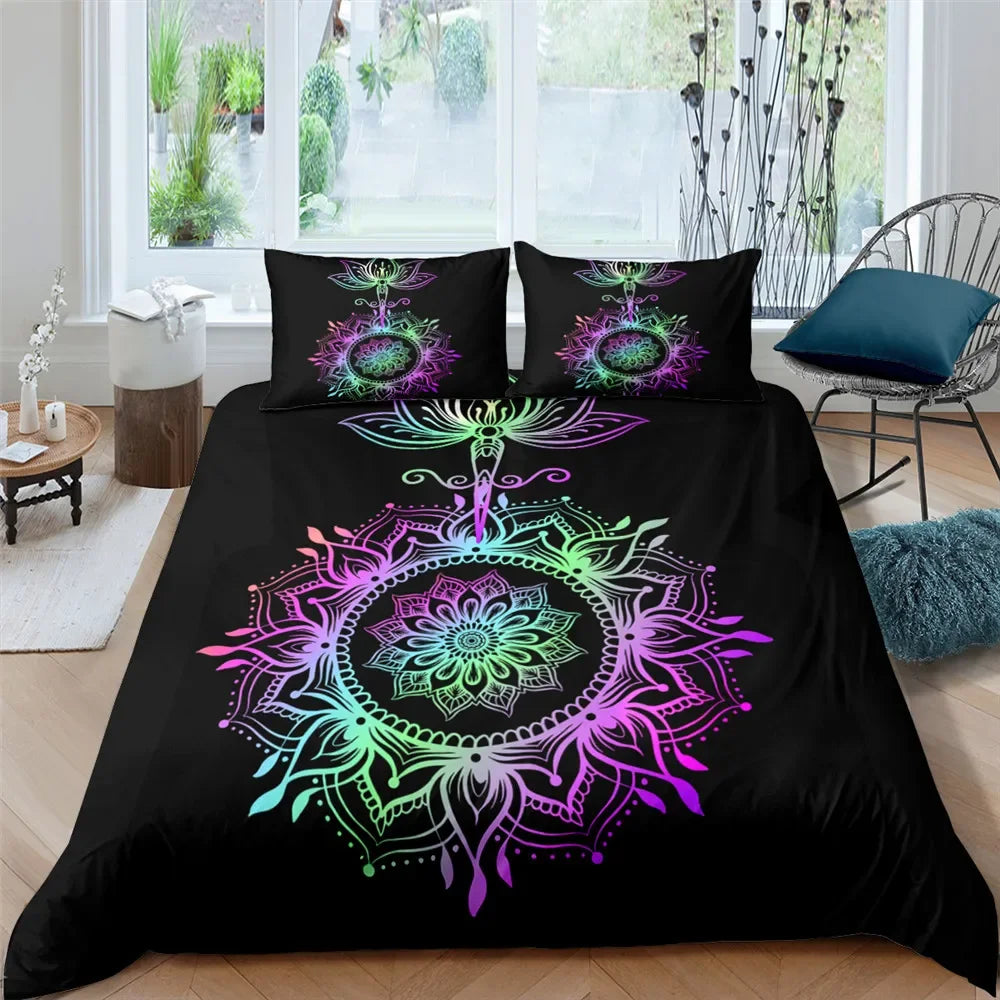 2/3pcs Bed Set Bohemian Lotus Duvet Cover Set Mandala Flower Quilt Cover Adult Black Polyester Bedding Set Queen King Twin Teens - AMULET RING STORE