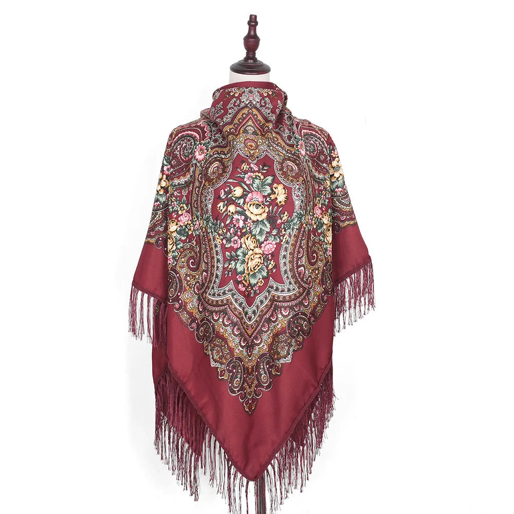 Russian Scarf Head Wrap for Women Luxury Ukrainian Manila Shawls Folk Cotton 160cm National Shawl Floral Print Travel Bandana - AMULET RING STORE