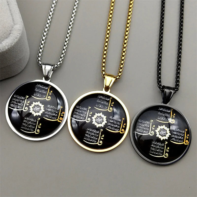 Islamic Arabic Letter Quran Allah God Round Glass Pendant Necklace for Women Men Gold Color Muslim Amulet Chain Jewelry Gift