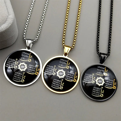 Islamic Arabic Letter Quran Allah God Round Glass Pendant Necklace for Women Men Gold Color Muslim Amulet Chain Jewelry Gift