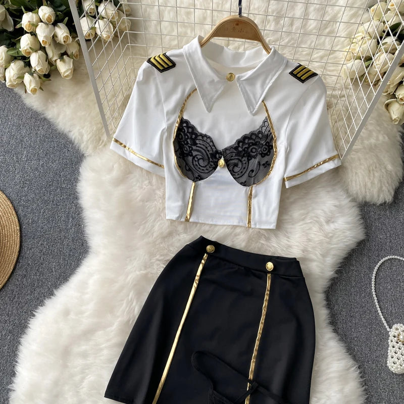 Women Sexy Hollow Skirts Suits Lace Patchwork Turn-down Collar Tops Mini Skirt Underpants 3 Pieces Erotic Pajamas Sets Cosplay - AMULET RING STORE