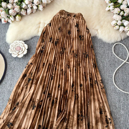 Chiffon A-Line Midi Skirt Women's Autumn 2025 New Sle Cover Hip Draped Large Swing Umbrella Skirt Pleated Floral Skirt