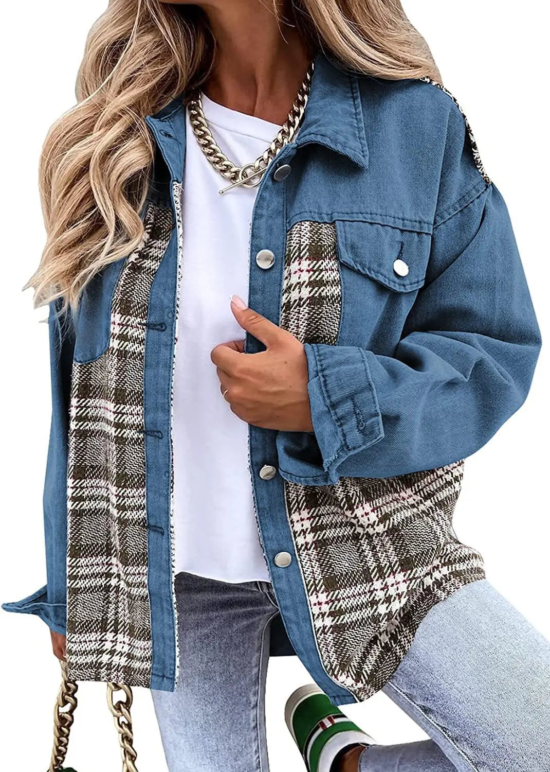 Autumn and Winter Long Sleeved Plaid Color Block Shaking Button Shirt Collar Denim Jacket for Women - AMULET RING STORE