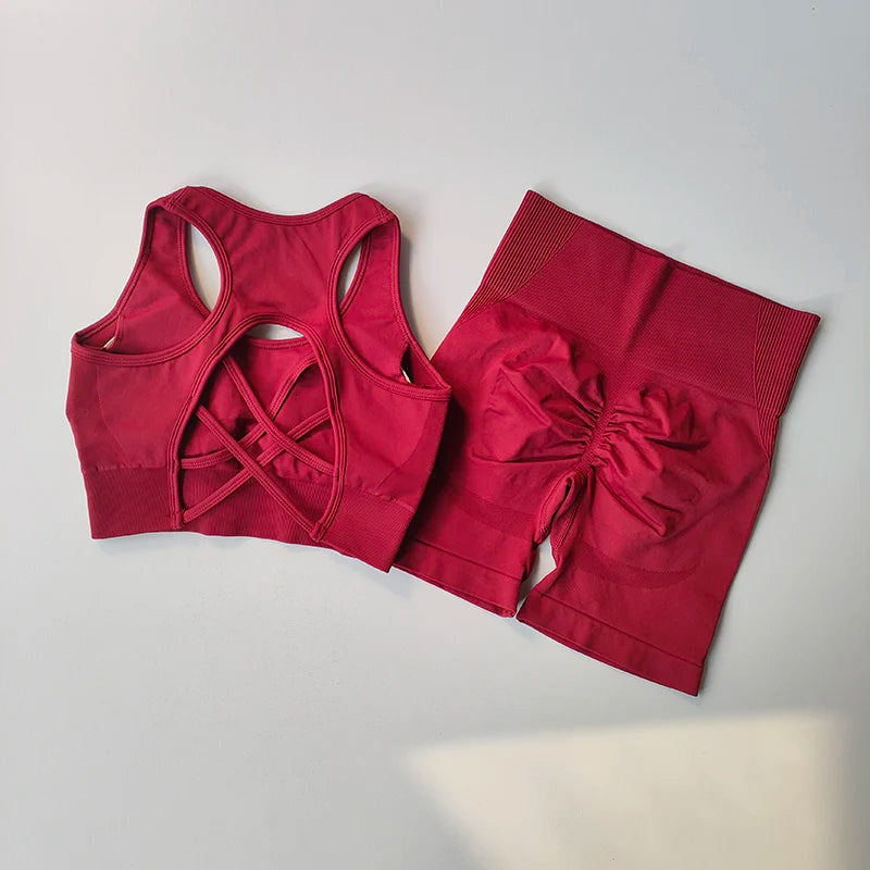 High Waist Seamless Fitness Suit Shockproof Sports Bra Women Quick-drying Training for Lifting Buttocks Three-point Shorts Sets