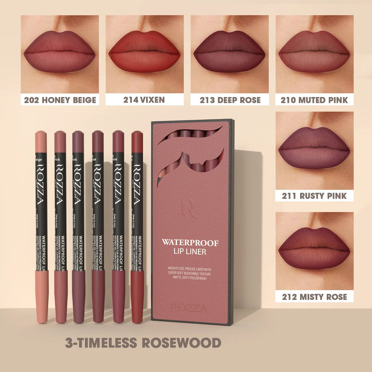 Rozza Waterproof Lip Liner Pencil Set, Weightless Precise Liner with Super Soft Blendable Texture Matte Soft - AMULET RING STORE
