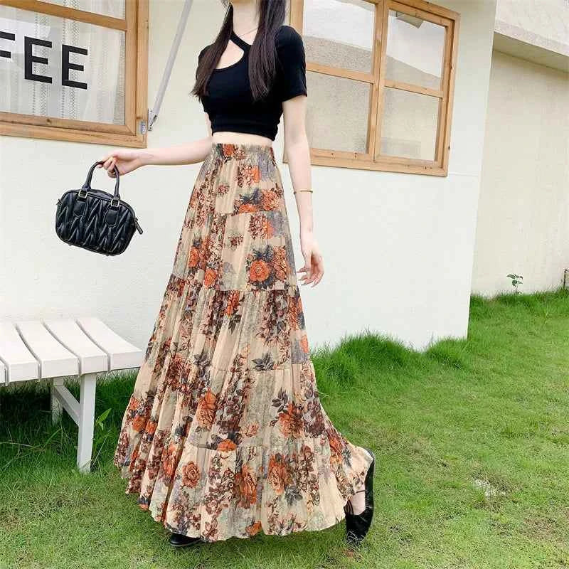 Retro Floral Pleated to Ankle f Skirt Women's Draped High Waist Midi A-Line Skirt Polyester Fiber Spring Season