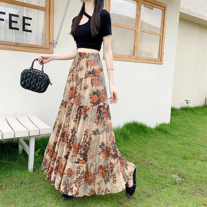 Retro Floral Pleated to Ankle f Skirt Women's Draped High Waist Midi A-Line Skirt Polyester Fiber Spring Season