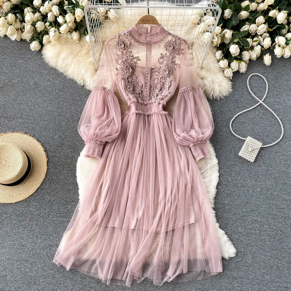 Ladies Dress Three-dimensional Flower Hook Mesh Temperament Stand Collar Lantern Sleeve High Waist Slim Female Dresses - AMULET RING STORE