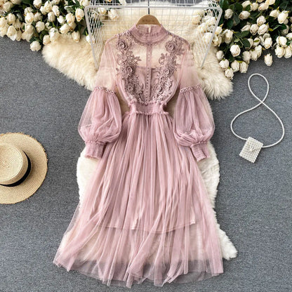 Ladies Dress Three-dimensional Flower Hook Mesh Temperament Stand Collar Lantern Sleeve High Waist Slim Female Dresses - AMULET RING STORE