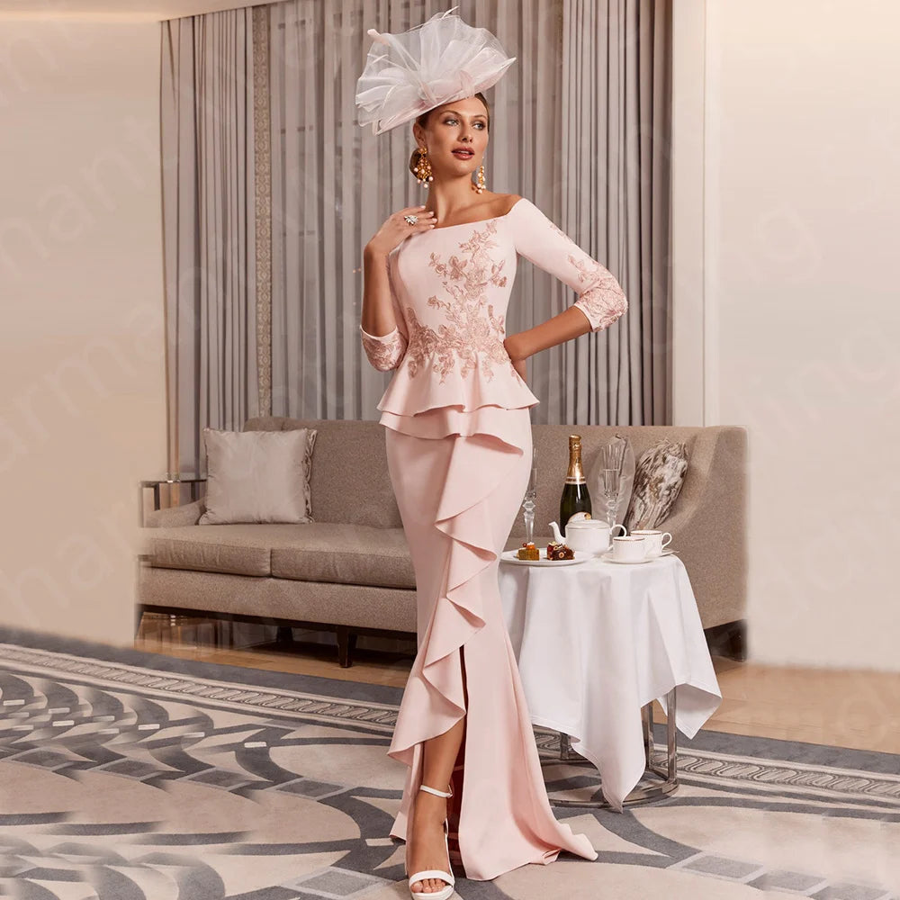 Customized Mermaid Mother of the Bride Dresses Pale Pink Mothers Dress Lace Off Shoulder Sleeves Wedding Guest Gowns Front Split - AMULET RING STORE